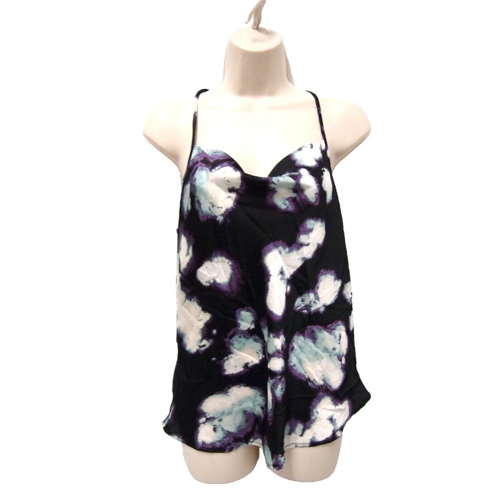NWT Pleione Womens Tank Top Blouse XS Tie Die Cowl Neck Cami Chiffon Black